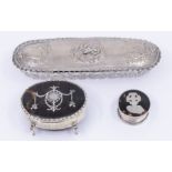 A collection of silver to include:  1. George V silver and tortoiseshell circular ring box and