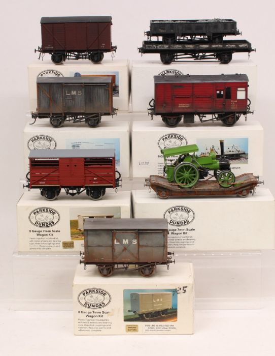 Parkside Dundas: A collection of seven boxed Parkside Dundas, O Gauge, made Wagon Kits. Kits do