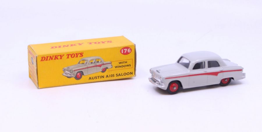 Dinky: A boxed Dinky Toys, Austin A105 Saloon, grey body with red stripe, Reference 176. Original