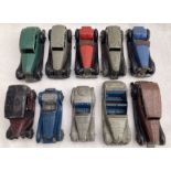 Dinky: A collection of ten unboxed, playworn Dinky Toys cars, some pre-war, some with damage. Please