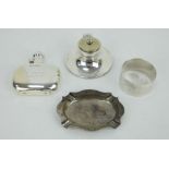 Antique silver hip flask engraved St Moritz, capstan inkwell, ashtray and a 1970s napkin ring.