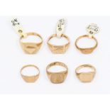 A collection of six 9ct gold signet rings. All in plain metal with various designs and patterns.