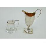 Edwardian silver cream jug with gilded interior and a silver mounted Art Deco mustard pot