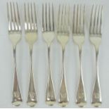 Six Victorian silver rat tail dessert forks with elephant's head crest. Hallmarked London 1869