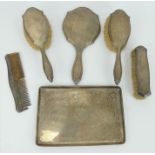 Six piece silver vanity set including tray, hallmarked Birmingham and Chester 1913, Syner & Beddoes