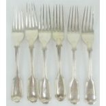 Six silver fiddle and thread pattern dessert forks with mixed family crests. Mixed makers, hallmarke