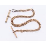 A 9ct rose gold Albert watch chain with fob clip and t-bar. Approximate length 32cms. Gross weight