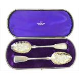 Pair of Victorian silver berry spoons in later fitted case. Fully hallmarked London 1841