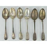 Four 19th century silver fiddle pattern table spoons and two George III Old English table spoons