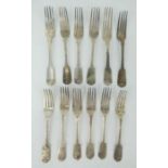Twelve silver 19th century fiddle pattern forks, various makers. Hallmarked for London