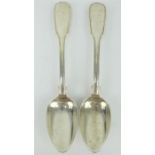 Pair William IV silver fiddle & thread serving spoons with lion crest. Hallmarked London 1831