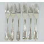Six silver fiddle and thread pattern dessert forks with phoenix crests. Mixed makers,