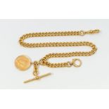 An 18ct gold Albert  watch chain, reaturing a round bolt clasp on one side, a fob clip to the other,