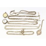 A collection of antique white metal and silver Albert watch chains, accoutrements and two sterling