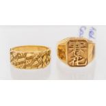 Two gentlemen's yellow metal rings. One bears a Chinese character and is stamped 585 14k, size T;