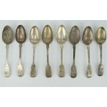 Eight 19th century silver fiddle pattern spoons, various makers. All fully hallmarked for London