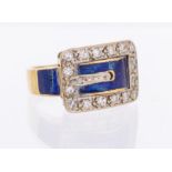 A Victorian revival 18ct gold enamel and diamond buckle ring. Hallmarked for London 1978. Size I.