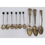 Six silver coffee bean spoons, two King's pattern teaspoon and another silver teaspoon