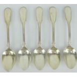 Five silver Victorian fiddle and thread pattern teaspoons hallmarked London 1843