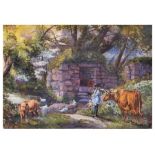 Early 20th Century School. Cattle, ducks and a young girl by a ruined farm building, signed "