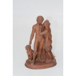 A 19th century terracotta figure group, a partially draped Classical nude couple with attendant