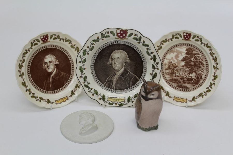 A Royal Copenhagen model of an owl, numbered 2999, 14cm together with three Wedgwood collector's