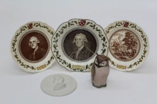 A Royal Copenhagen model of an owl, numbered 2999, 14cm together with three Wedgwood collector's