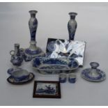 A pair of Spode Italian blue and white table candlesticks, 32.5cm, a pair of Continental Views dwarf