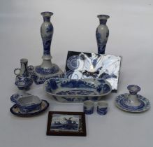 A pair of Spode Italian blue and white table candlesticks, 32.5cm, a pair of Continental Views dwarf