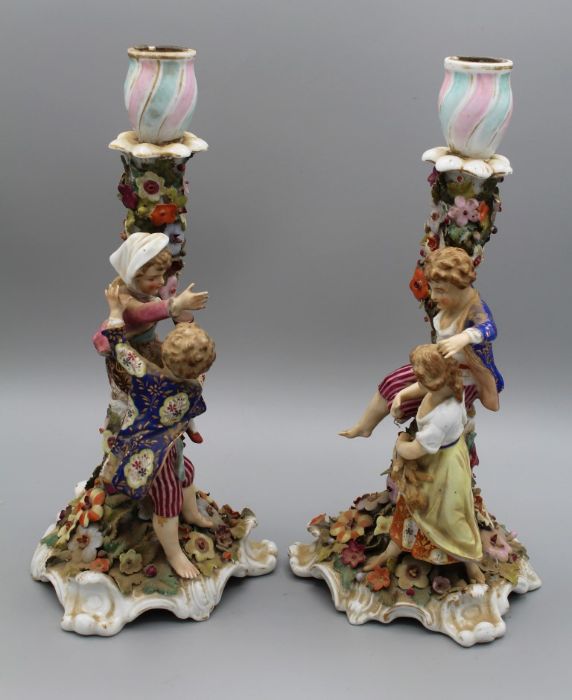 A pair of 19th century Derby porcelain figural candlesticks, each modelled with a young boy and girl - Image 2 of 5
