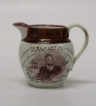 A small Sunderland Lustre jug, circa 1819.The Peterloo Massacre. Decorated with a portrait of