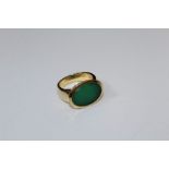 An 18ct gold ring, set oval jade panel, to a plain shank. Import marks rubbed, 14 gm gross weight,