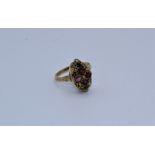 A Victorian 15ct pink tourmaline, emerald and seed pearl set boat ring. Size M. Gross weight 2.9