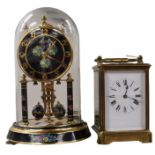 A striking carriage clock together with an Anniversary clock under glass dome.