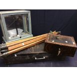 Early 20th Century surveyors boxed equipment with tripod cased scales, strong box (lock not