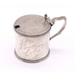 A Victorian silver drum mustard pot, with bead border and engraved decoration to top, with blue