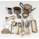 A collection of silver plated items to include; a Victorian engraved plated tea set consisting tea