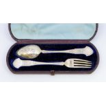 A pair of Victorian Italianate style silver Christening fork and spoon, engraved decoration,