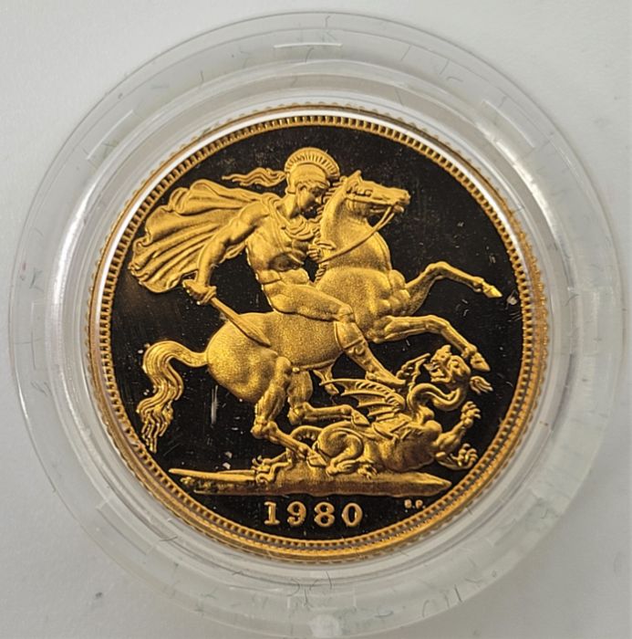 An Elizabeth II 1980 proof sovereign gold coin, in capsule and Royal Mint case of issue. - Image 4 of 4