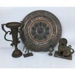 Collection of five Indian items to include a bronze plate (diameter 25cm) (5)