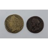 A Charles II 1675 copper farthing, together with a James II civil war Ireland 1689 gun money XII