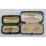 A pair of 9ct. gold and cultured pearl dress shirt studs in fitted box, together with a 9ct. gold