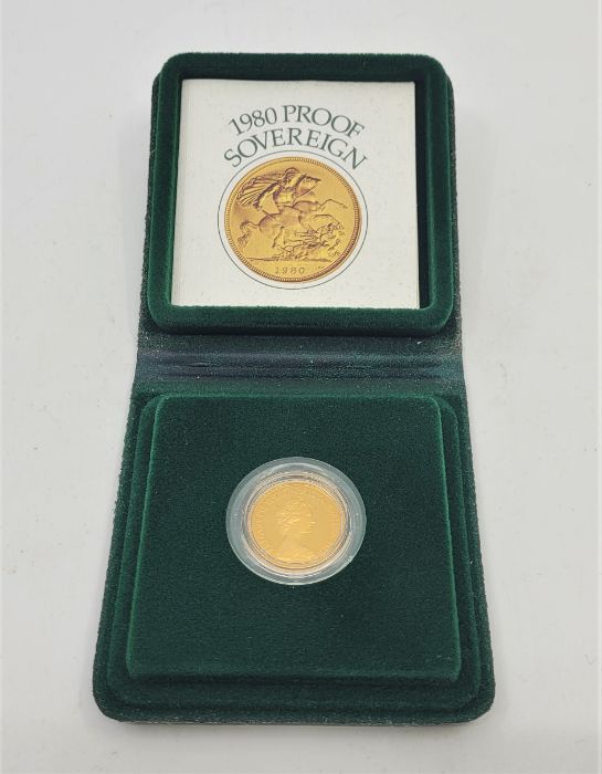 An Elizabeth II 1980 proof sovereign gold coin, in capsule and Royal Mint case of issue.