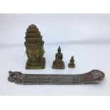 Collection of four Sino-Tibetan items to include a white metal incense holder, a bronze figure of