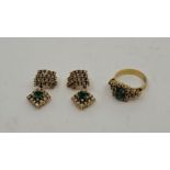 A precious yellow metal, diamond and emerald dress ring and drop earrings en suite, the ring
