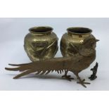 A collection of bronze items to include a pair or oriental bronze vases, a bronze figure of a