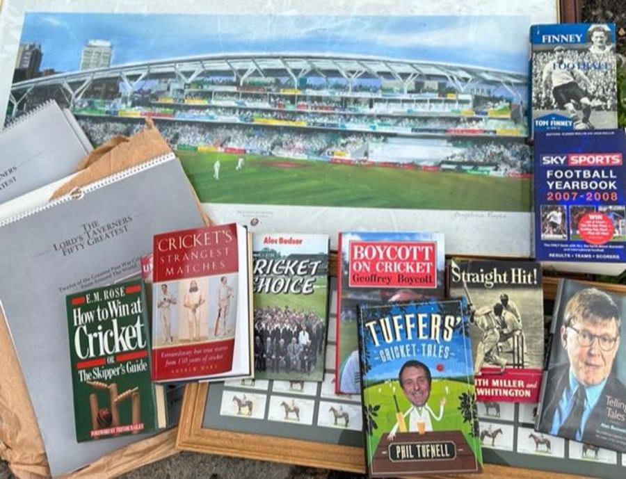 Cricket interest a large qty of cricket memorabilia to include books  prints framed cigarette