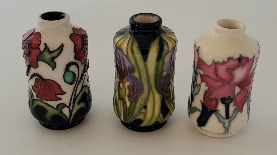 3 boxed miniature Moorcroft vases , to include a "Month November 2020 Chrysanthumums , Month of year