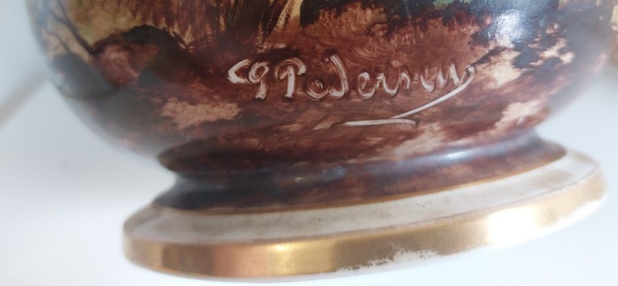 A pair of Mid Victorian hand painted Continental Cache pots, C1870. Signed by the artist as shown, - Image 5 of 11