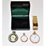 A selection of pocket watches, along with a vintage brutalist style gold plated Rotary watch. To